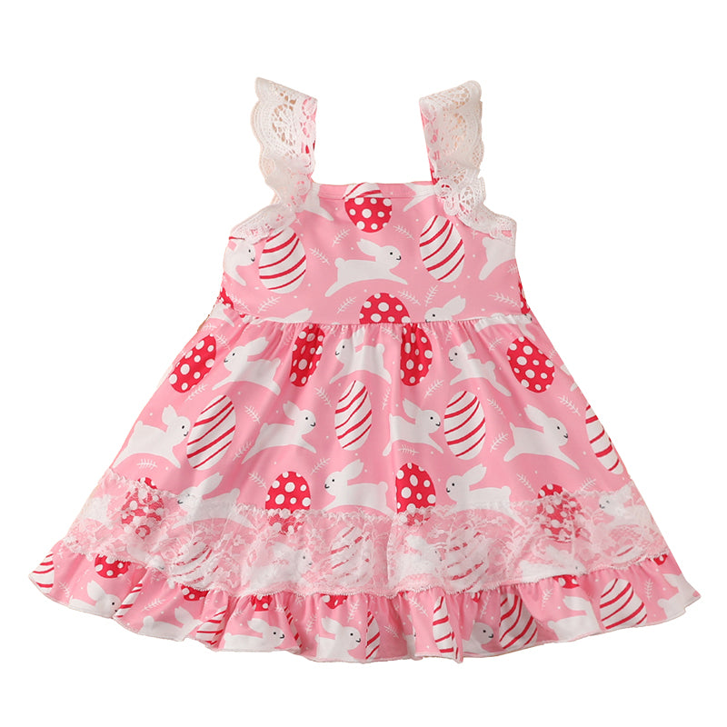 Baby Kid Girls Animals Lace Print Easter Dresses Wholesale 220315222