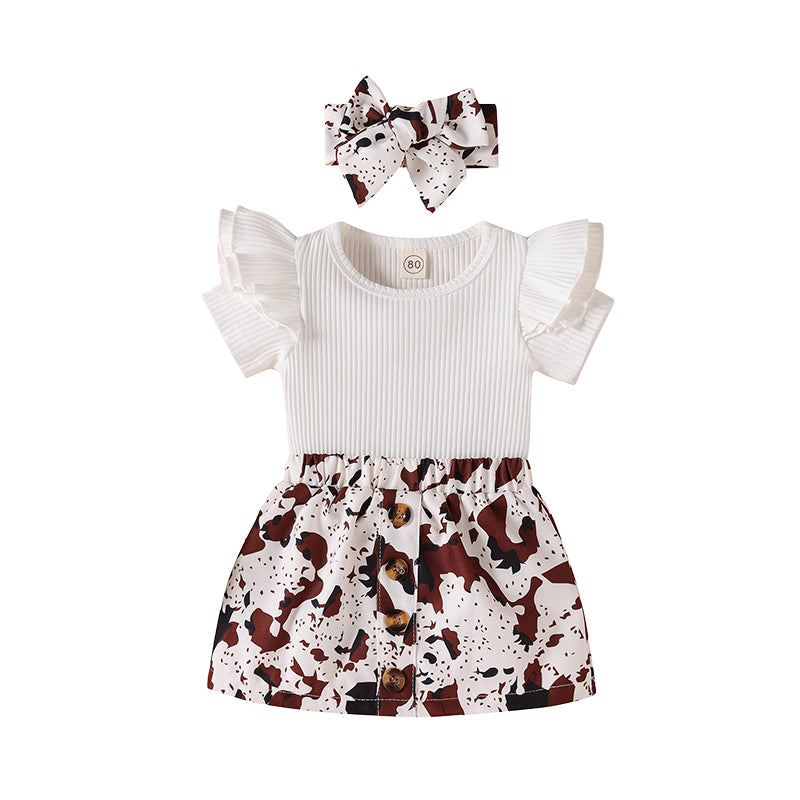 2 Pieces Set Baby Kid Girls Bow Muslin&Ribbed Tops And Leopard Skirts Wholesale 220315237