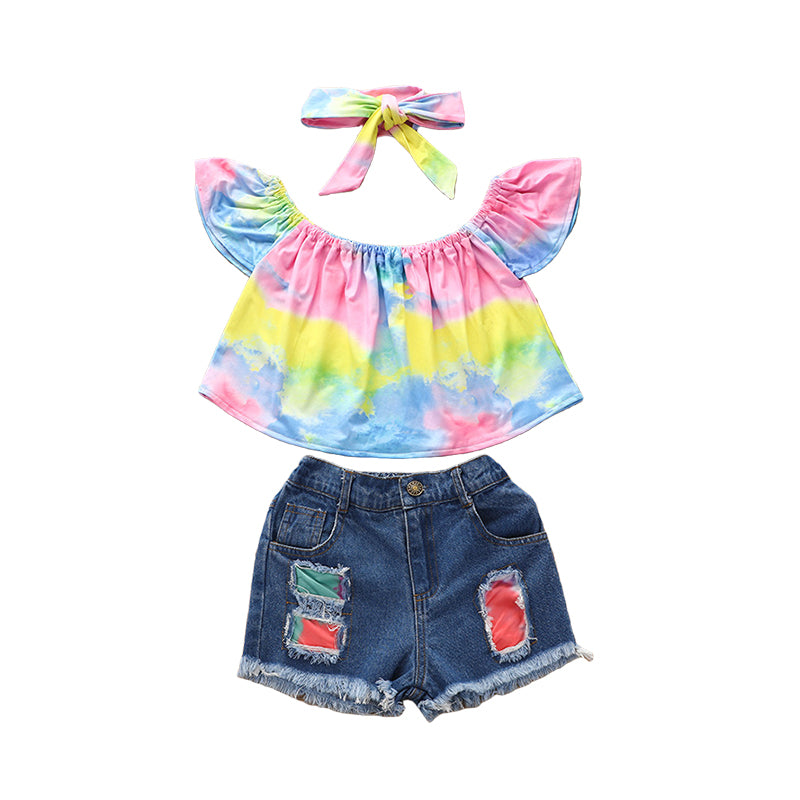 3 Pieces Set Baby Kid Girls Tie Dye Print Tops And Ripped Shorts And Bow Headwear Wholesale 22031525