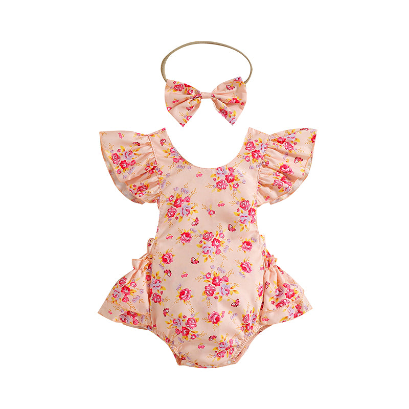Baby Girls Flower Bow Print Rompers Wholesale 220315264