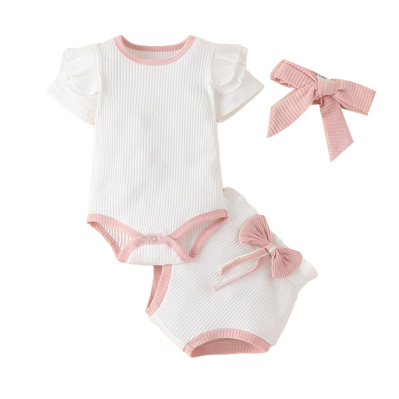 3 Pieces Set Baby Kid Girls Muslin&Ribbed Rompers And Color-blocking Underwears And Bow Headwear Wholesale 22031527
