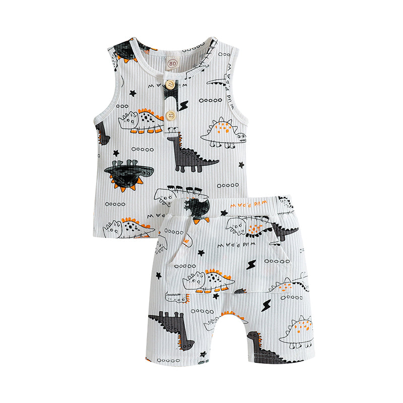 2 Pieces Set Baby Kid Boys Striped Dinosaur Animals Muslin&Ribbed Print Tank Tops And Shorts Wholesale 220315287