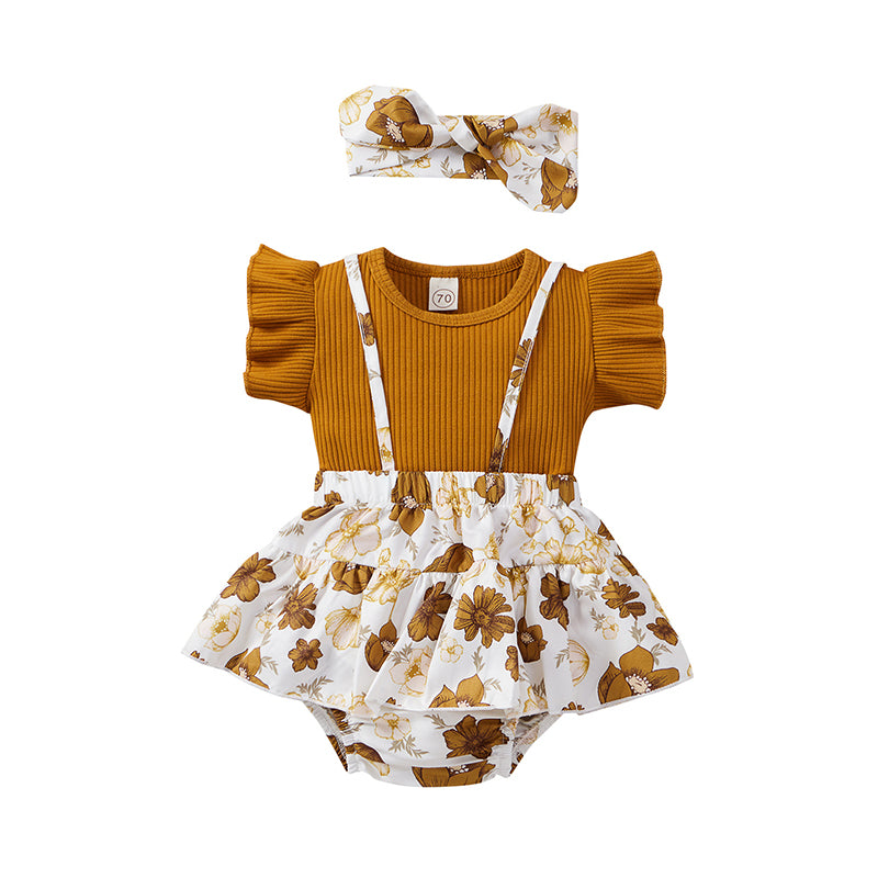 3 Pieces Set Baby Girls Flower Print Skirts Solid Color Muslin&Ribbed Tops And Headwear Wholesale 220315300