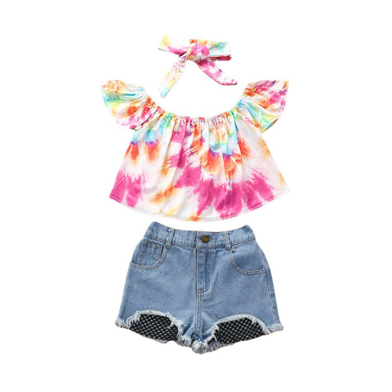 3 Pieces Set Baby Kid Girls Tie Dye Tops And Ripped Jeans And Bow Headwear Wholesale 220315335