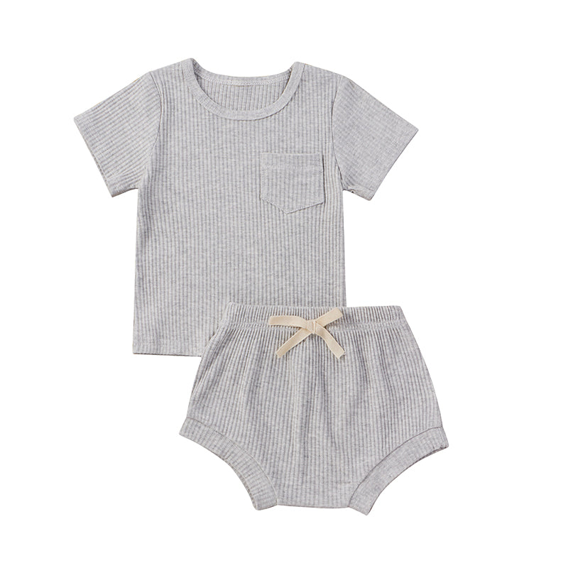2 Pieces Set Baby Kid Girls Solid Color Muslin&Ribbed T-Shirts And Shorts Wholesale 220315361