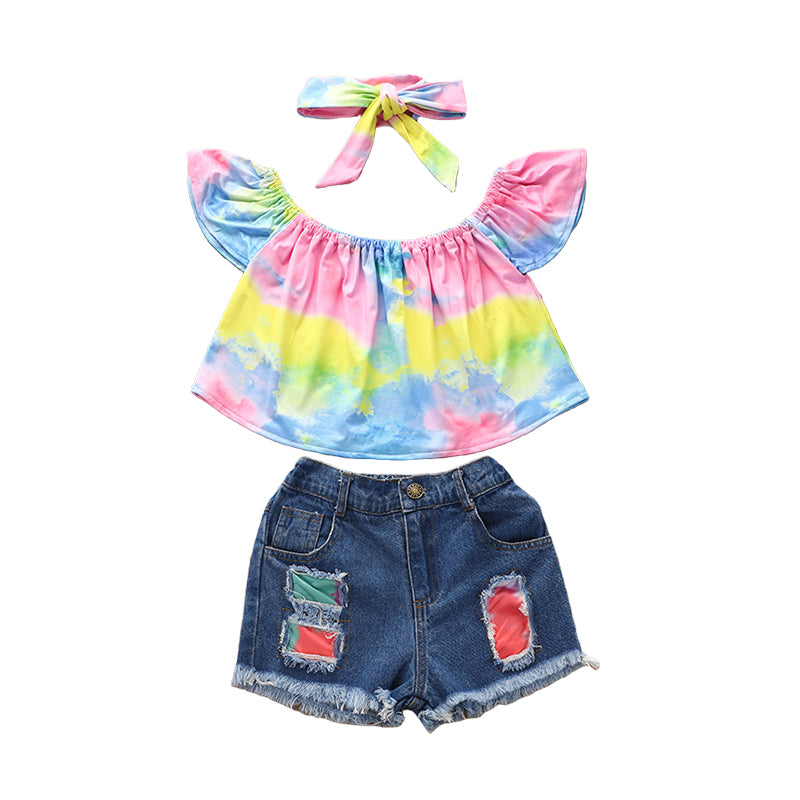3 Pieces Set Baby Kid Girls Tie Dye Tops And Ripped Shorts And Headwear Wholesale 220315374