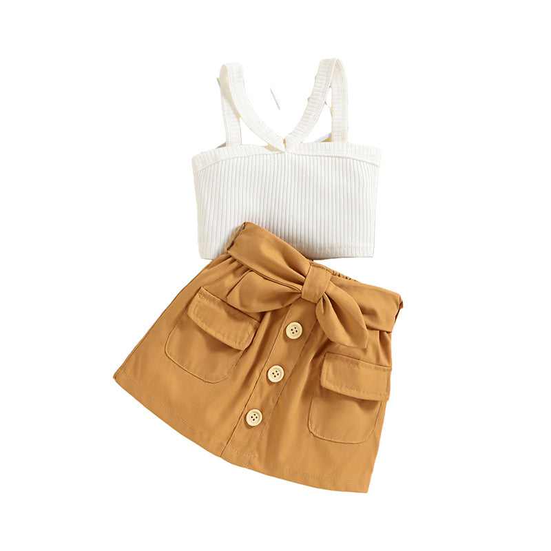 2 Pieces Set Baby Kid Girls Solid Color Muslin&Ribbed Tank Tops And Bow Skirts Wholesale 220315379