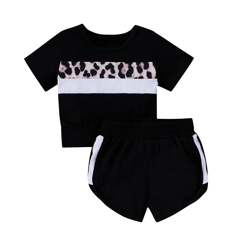 2 Pieces Set Baby Kid Girls Leopard T-Shirts And Color-blocking Shorts Wholesale 220315390