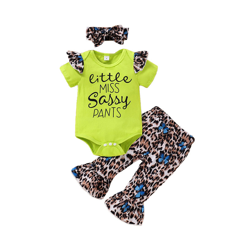 3 Pieces Set Baby Kid Girls Letters Print Rompers And Leopard Butterfly Pants And Bow Headwear Wholesale 22031541