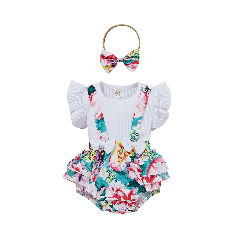 2 Pieces Set Baby Girls Solid Color Muslin&Ribbed Print Tops And Flower Rompers Wholesale 22031566