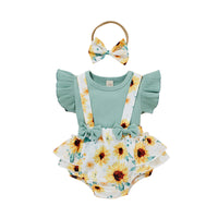 Load image into Gallery viewer, 2 Pieces Set Baby Girls Solid Color Muslin&amp;Ribbed Print Tops And Flower Rompers Wholesale 22031566
