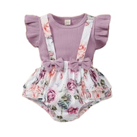 Load image into Gallery viewer, 2 Pieces Set Baby Girls Solid Color Muslin&amp;Ribbed Print Tops And Flower Rompers Wholesale 22031566
