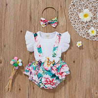 Load image into Gallery viewer, 2 Pieces Set Baby Girls Solid Color Muslin&amp;Ribbed Print Tops And Flower Rompers Wholesale 22031566
