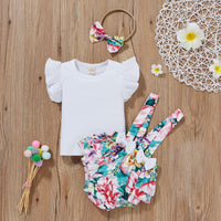 Load image into Gallery viewer, 2 Pieces Set Baby Girls Solid Color Muslin&amp;Ribbed Print Tops And Flower Rompers Wholesale 22031566
