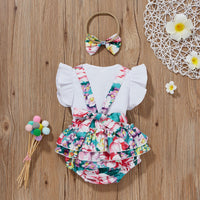 Load image into Gallery viewer, 2 Pieces Set Baby Girls Solid Color Muslin&amp;Ribbed Print Tops And Flower Rompers Wholesale 22031566
