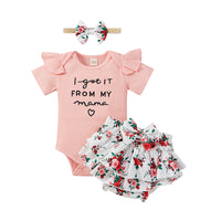 Load image into Gallery viewer, 3 Pieces Set Baby Girls Letters Muslin&amp;Ribbed Print Rompers Flower Shorts And Bow Headwear Wholesale 22031586
