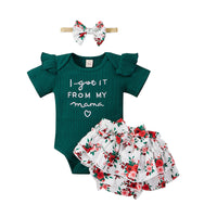 Load image into Gallery viewer, 3 Pieces Set Baby Girls Letters Muslin&amp;Ribbed Print Rompers Flower Shorts And Bow Headwear Wholesale 22031586
