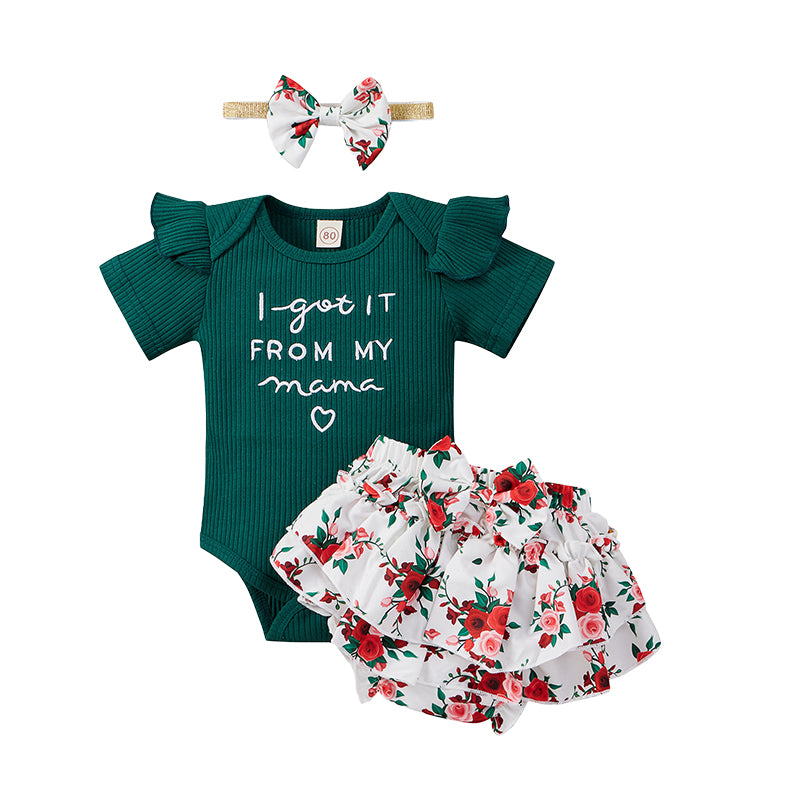 3 Pieces Set Baby Girls Letters Muslin&Ribbed Print Rompers Flower Shorts And Bow Headwear Wholesale 22031586