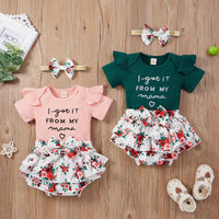 Load image into Gallery viewer, 3 Pieces Set Baby Girls Letters Muslin&amp;Ribbed Print Rompers Flower Shorts And Bow Headwear Wholesale 22031586
