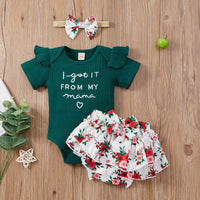 Load image into Gallery viewer, 3 Pieces Set Baby Girls Letters Muslin&amp;Ribbed Print Rompers Flower Shorts And Bow Headwear Wholesale 22031586
