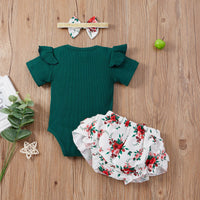 Load image into Gallery viewer, 3 Pieces Set Baby Girls Letters Muslin&amp;Ribbed Print Rompers Flower Shorts And Bow Headwear Wholesale 22031586
