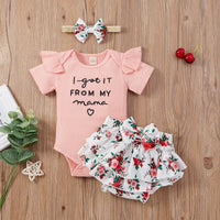 Load image into Gallery viewer, 3 Pieces Set Baby Girls Letters Muslin&amp;Ribbed Print Rompers Flower Shorts And Bow Headwear Wholesale 22031586
