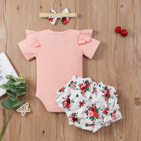Load image into Gallery viewer, 3 Pieces Set Baby Girls Letters Muslin&amp;Ribbed Print Rompers Flower Shorts And Bow Headwear Wholesale 22031586
