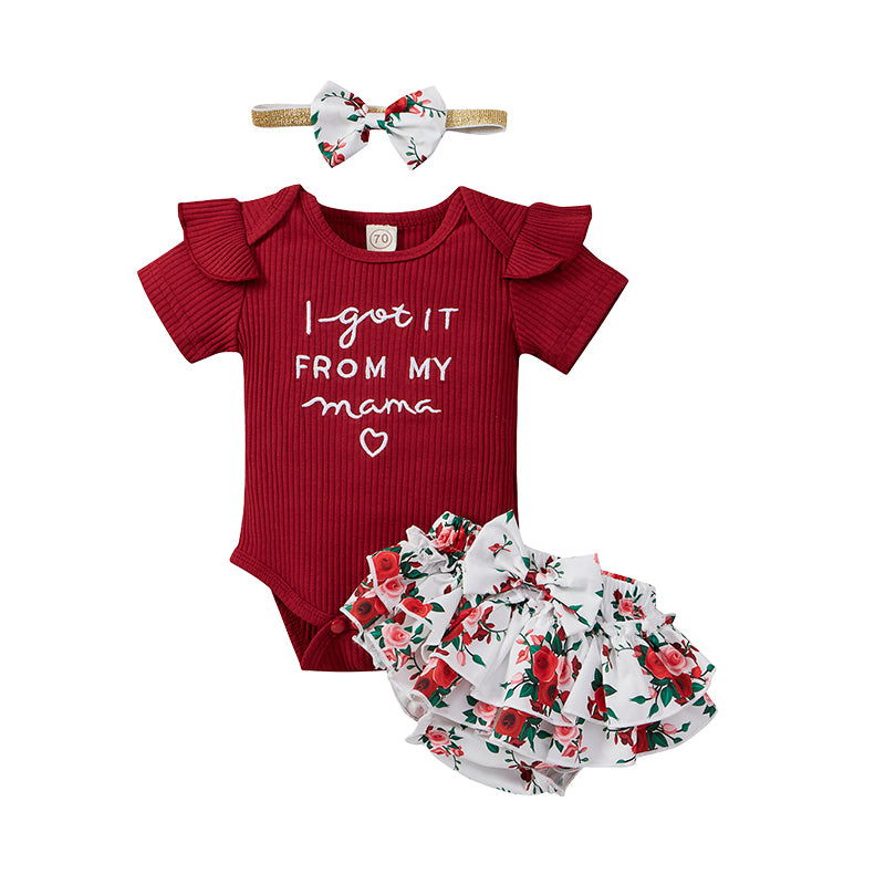 3 Pieces Set Baby Girls Letters Print Rompers Flower Skirts And Bow Headwear Wholesale 22031588