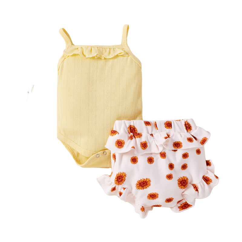 3 Pieces Set Baby Girls Solid Color Print Rompers Flower Shorts And Bow Headwear Wholesale 22031598