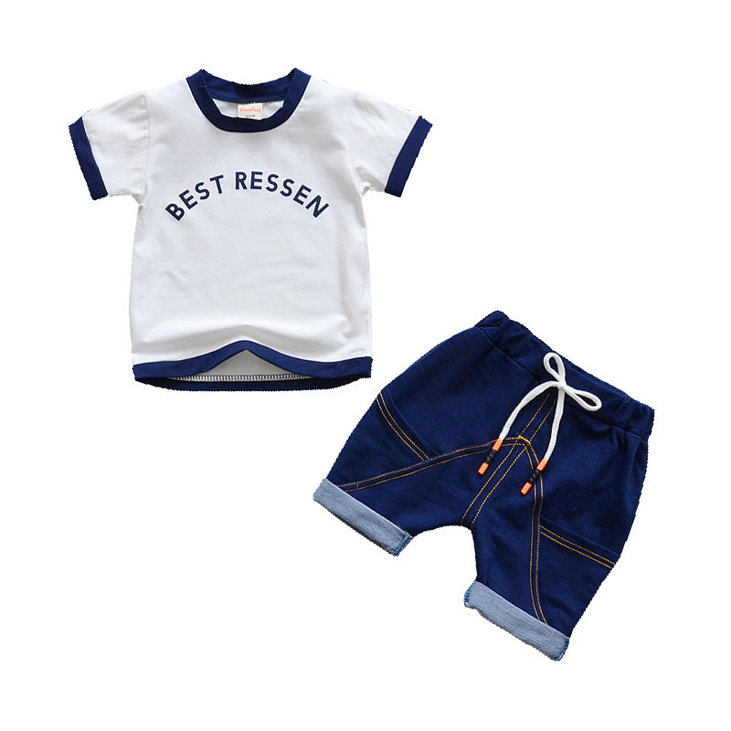 2 Pieces Set Baby Kid Boys Letters Color-blocking T-Shirts And Solid Color Shorts Wholesale 22031704