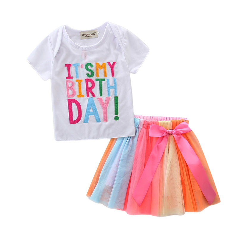 2 Pieces Set Baby Kid Girls Birthday Letters Tops Rainbow And Bow Skirts Wholesale 22032205