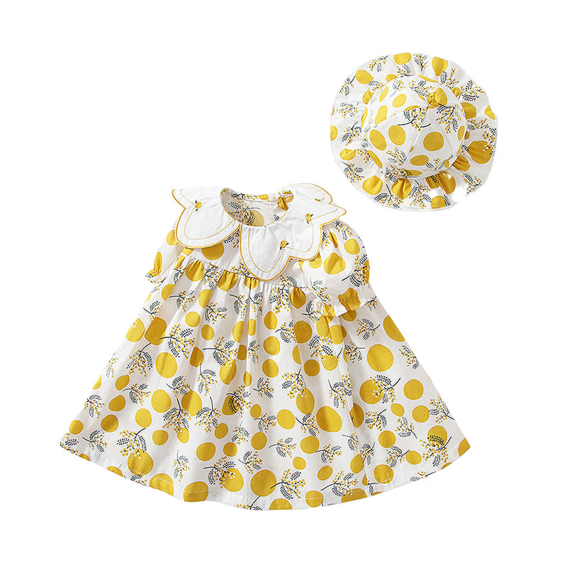 Baby Kid Girls Flower Polka dots Print Dresses And Accessories Hats Wholesale 220322217