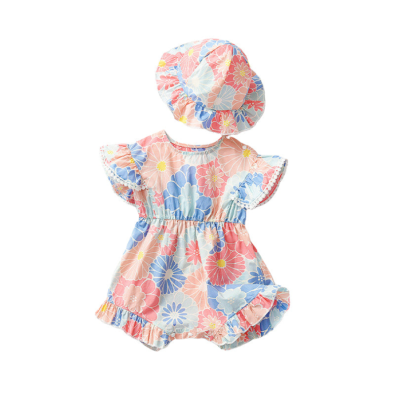 Baby Girls Flower Print Rompers And Accessories Hats Wholesale 220322227