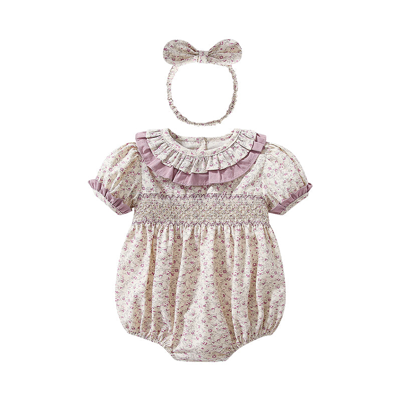 Baby Girls Flower Print Rompers And Accessories Headwear Wholesale 220322228