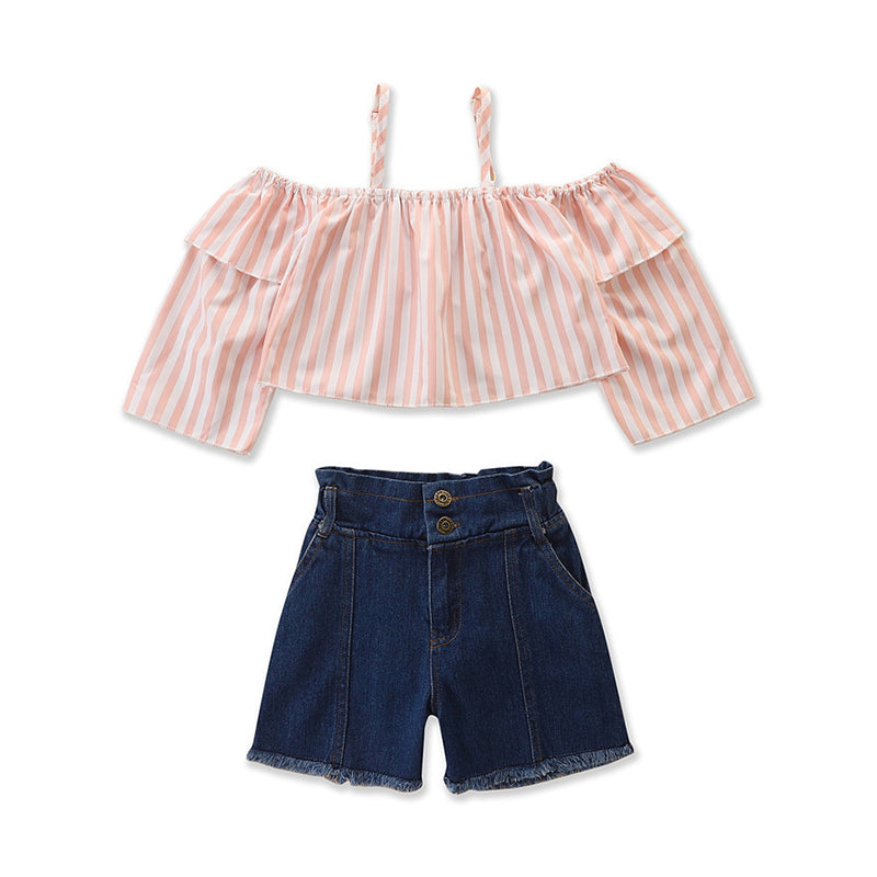 2 Pieces Set Baby Kid Girls Striped Tank Tops And Solid Color Shorts Wholesale 220322233