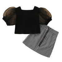 Load image into Gallery viewer, 2 Pieces Set Baby Kid Girls Solid Color Tops And Checked Skirts Wholesale 220322247
