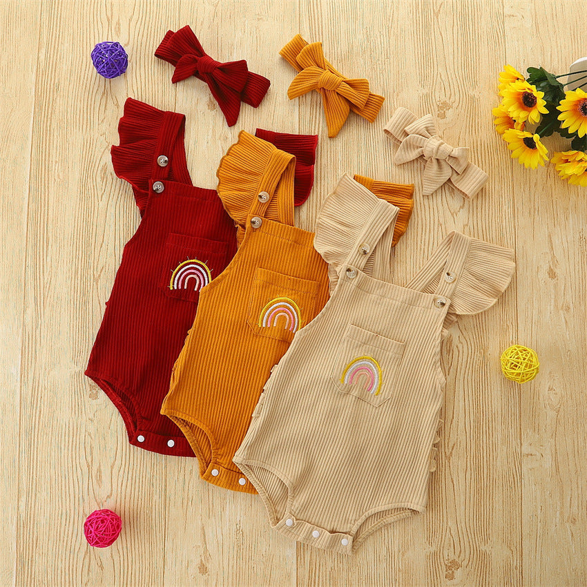 Baby Kid Girls Rainbow Embroidered Muslin&Ribbed Rompers Wholesale 220322259