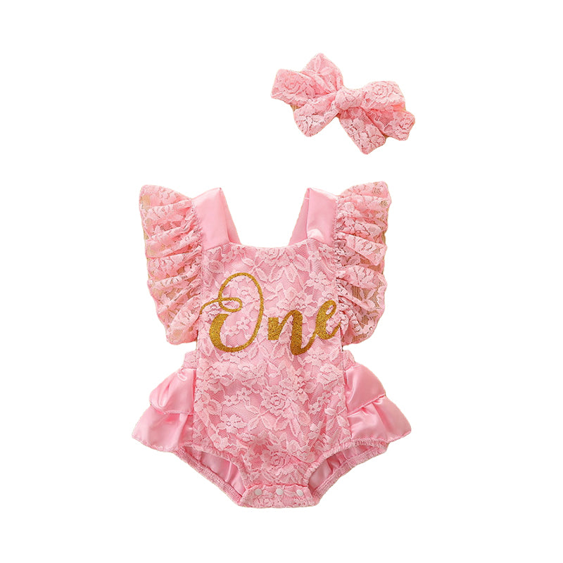 Baby Girls Letters Flower Bow Lace Rompers Wholesale 220322267