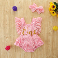 Load image into Gallery viewer, Baby Girls Letters Flower Bow Lace Rompers Wholesale 220322267
