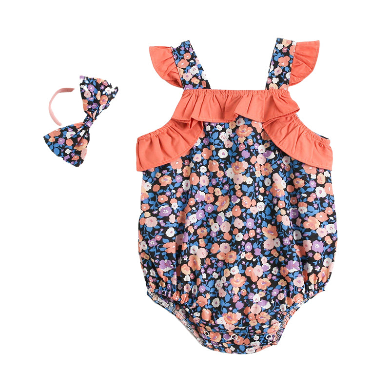 Baby Kid Girls Flower Print Rompers Bow Headwear Wholesale 22032296