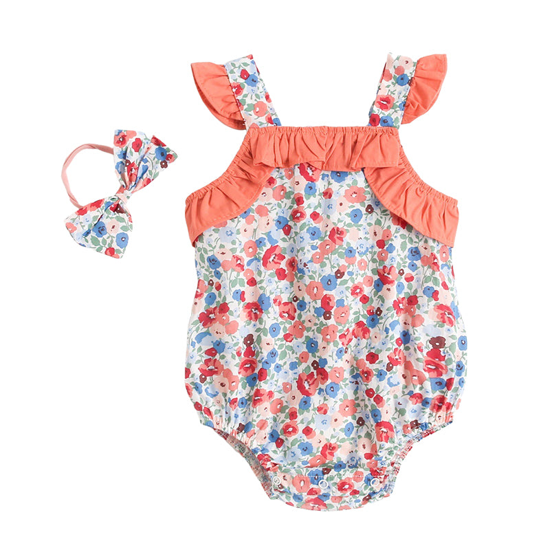 Baby Kid Girls Flower Print Rompers Bow Headwear Wholesale 22032296