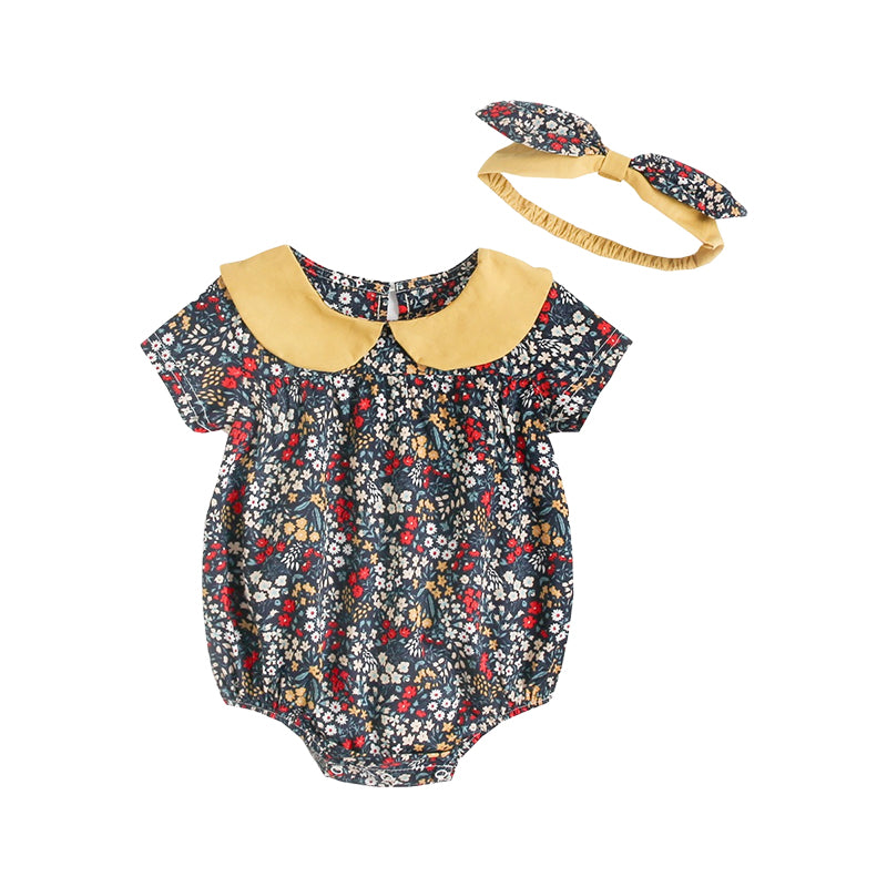 Baby Kid Girls Flower Print Rompers Headwear Wholesale 22032298