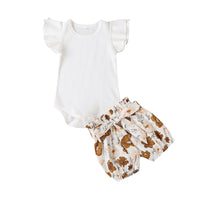Load image into Gallery viewer, 2 Pieces Set Baby Kid Girls Solid Color Muslin&amp;Ribbed Rompers And Flower Print  Ribbon Shorts Skirts Wholesale 091411928
