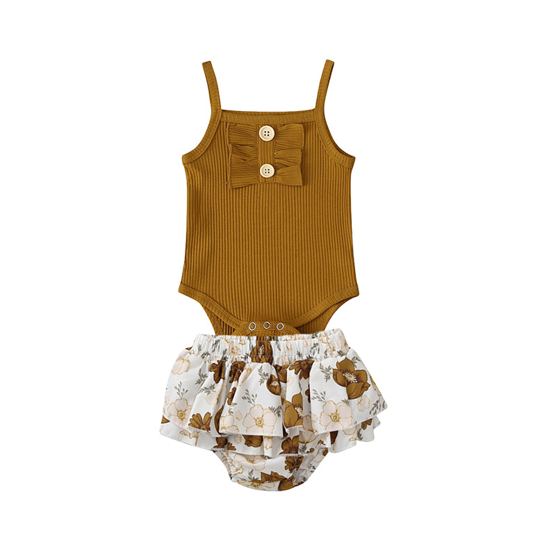 2 Pieces Set Baby Kid Girls Solid Color Muslin&Ribbed Rompers And Flower Print  Ribbon Shorts Skirts Wholesale 091411928