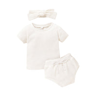 Load image into Gallery viewer, 3 Pieces Set Baby Kid Unisex Solid Color Muslin&amp;Ribbed Tops Shorts And Headwear Wholesale 220323115
