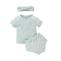 Load image into Gallery viewer, 3 Pieces Set Baby Kid Unisex Solid Color Muslin&amp;Ribbed Tops Shorts And Headwear Wholesale 220323115
