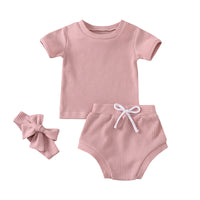 Load image into Gallery viewer, 3 Pieces Set Baby Kid Unisex Solid Color Muslin&amp;Ribbed Tops Shorts And Headwear Wholesale 220323115

