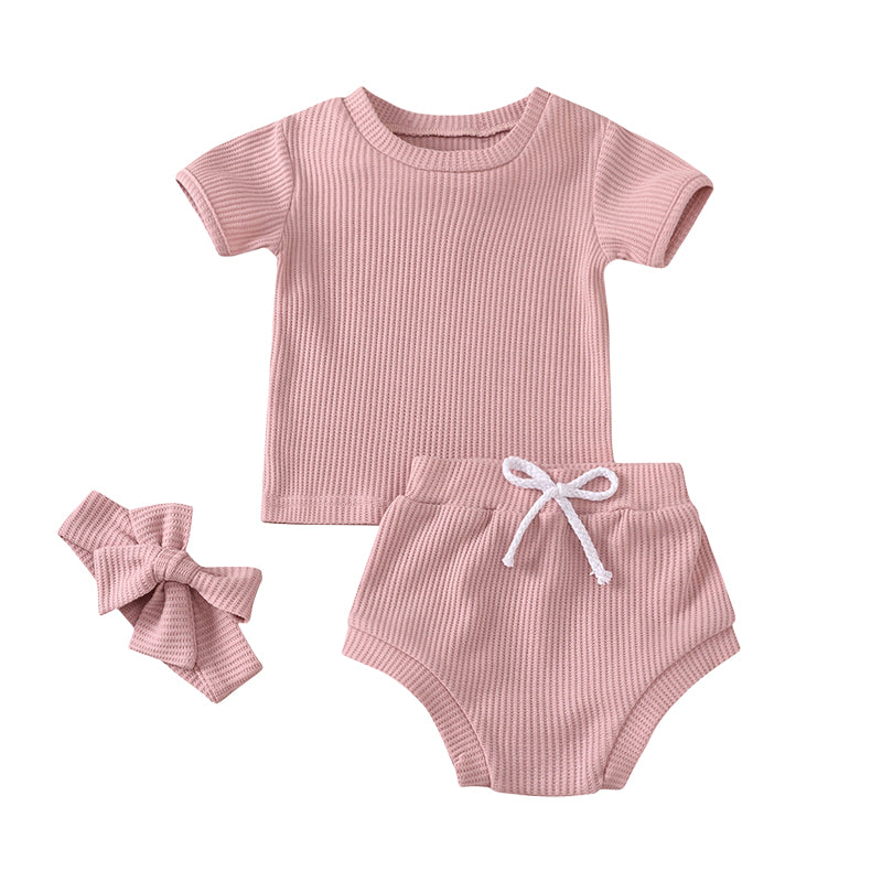 3 Pieces Set Baby Kid Unisex Solid Color Muslin&Ribbed Tops Shorts And Headwear Wholesale 220323115