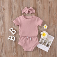 Load image into Gallery viewer, 3 Pieces Set Baby Kid Unisex Solid Color Muslin&amp;Ribbed Tops Shorts And Headwear Wholesale 220323115

