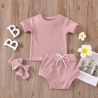 Load image into Gallery viewer, 3 Pieces Set Baby Kid Unisex Solid Color Muslin&amp;Ribbed Tops Shorts And Headwear Wholesale 220323115
